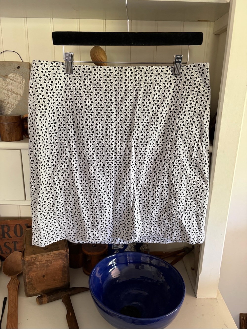 Lucy & Laurel White Eyelet Mini Skirt with Black Dot Pattern